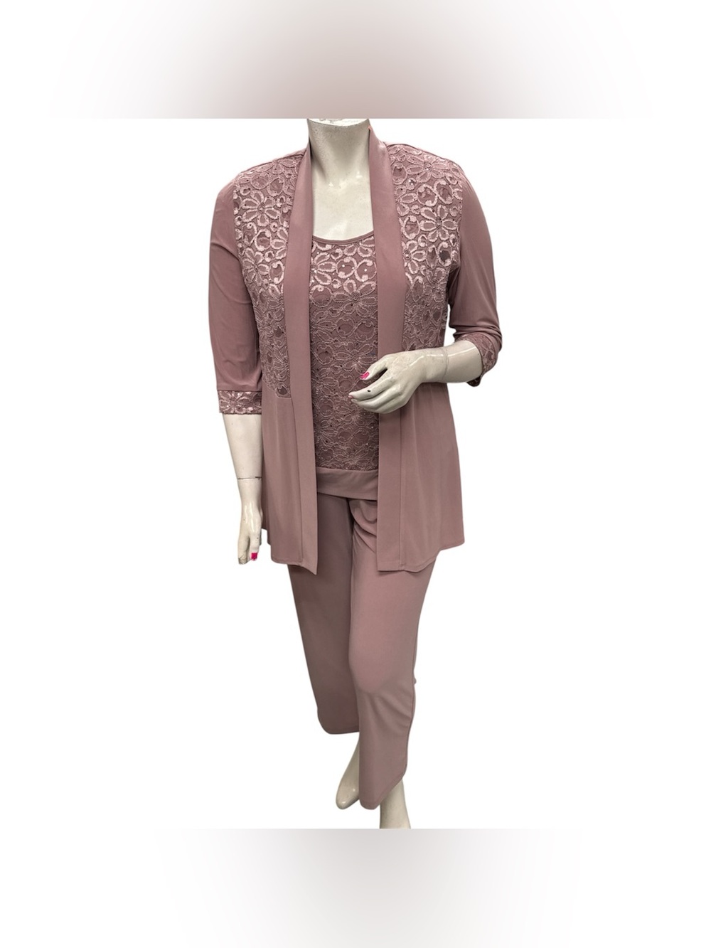 R&M Richards Dusty Rose Lace-Trim Three-Piece Pant Set Size L